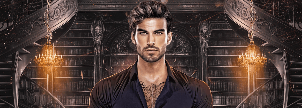 A man with styled dark hair and a tattoo, wearing a black shirt, stands in front of an ornate library backdrop with chandeliers and a staircase.