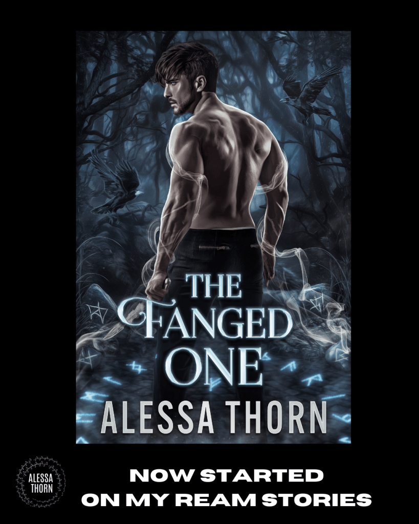 Book cover for 'The Fanged One' by Alessa Thorn, featuring a muscular man from behind against a dark, mystical forest background with swirling smoke and silhouettes of crows.