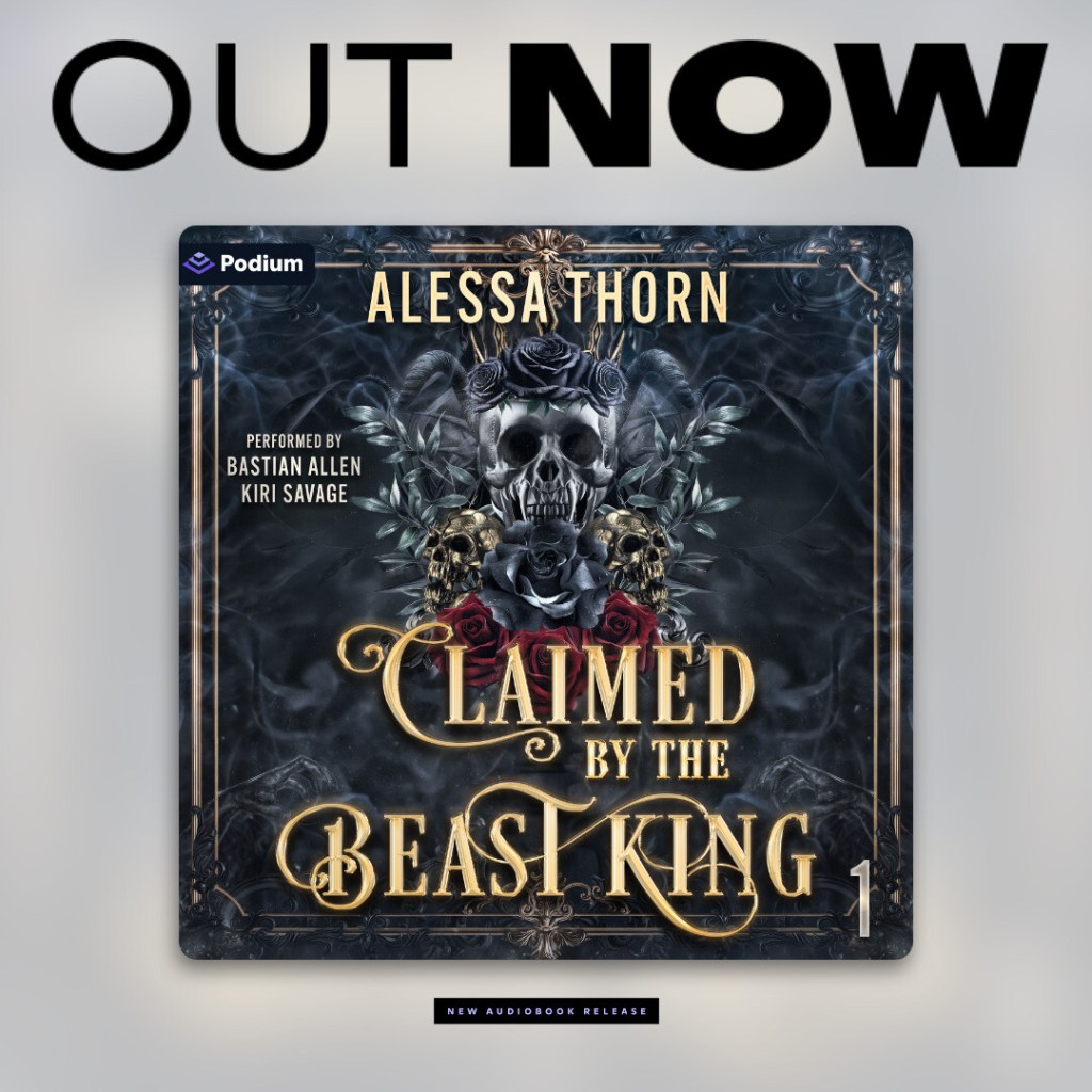 Cover image for the audiobook 'Claimed by the Beast King' by Alessa Thorn, featuring a skull adorned with roses and foliage, with text indicating its release.