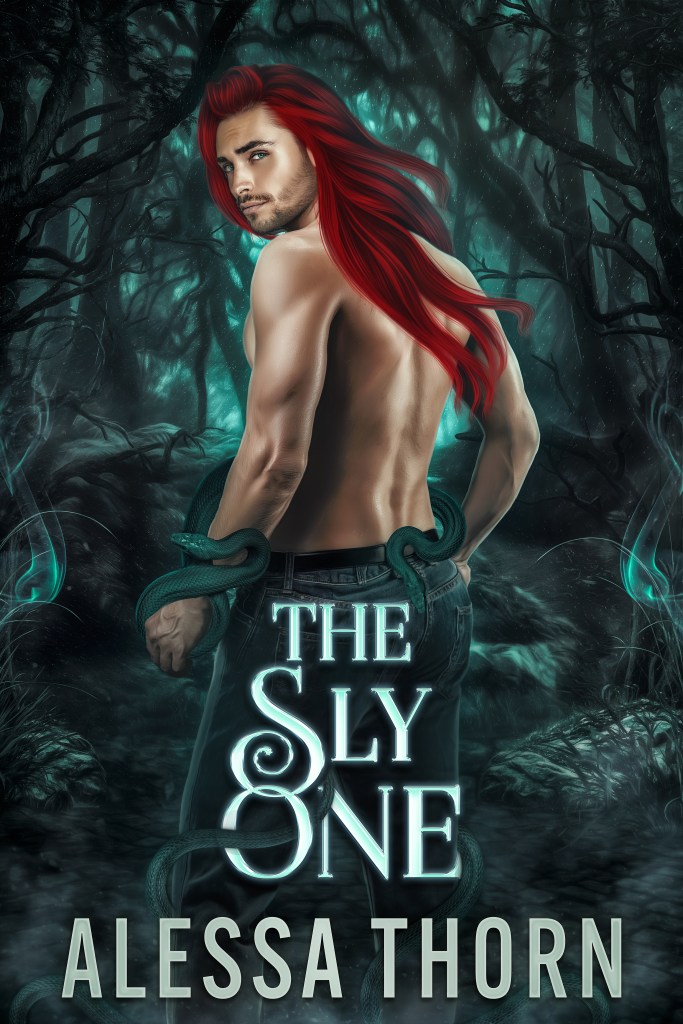 A muscular man with long red hair is seen from behind, standing in a dark, mystical forest. He is shirtless, wearing jeans, and has serpent-like vines wrapped around his arms. The title 'The Sly One' and the author's name 'Alessa Thorn' are prominently displayed at the bottom.